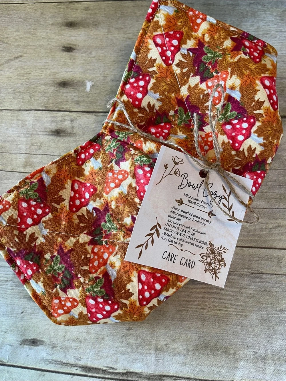 Microwave Bowl Cozy Fabric Bowl Fall/Autumn Mushrooms/Plaid Orange Brown Red
